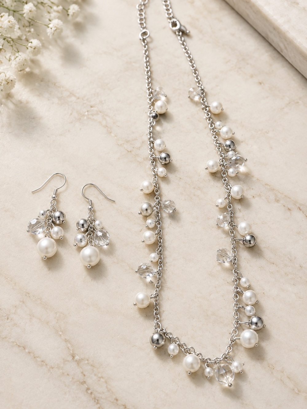 Avon Silver-Tone Necklace and Earring Set with White Pearls and Clear Crystals